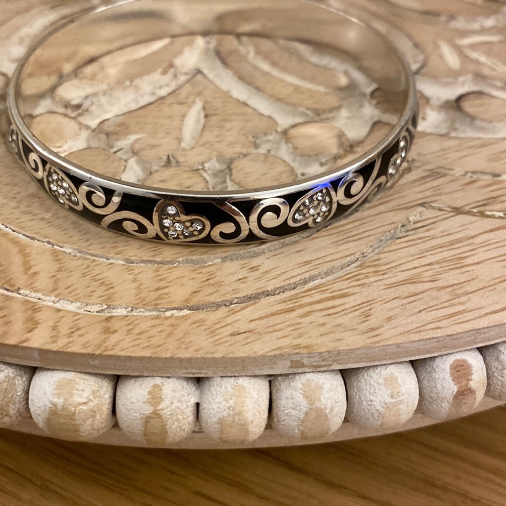 Brighton Crystal Heart Silver Scroll Black Background Bangle Bracelet